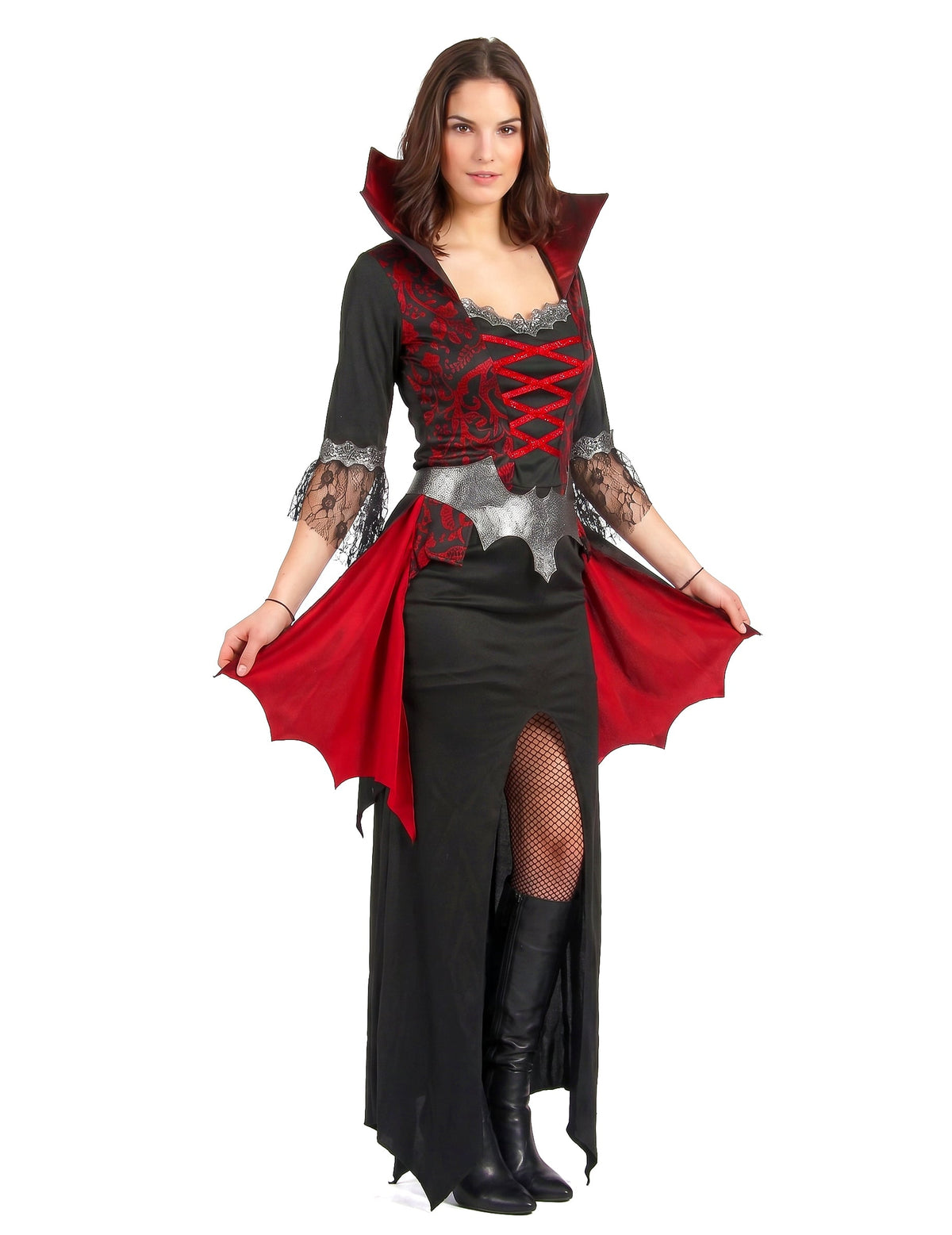 Barock-Vampirin Damenkostüm für Halloween schwarz-rot-silber