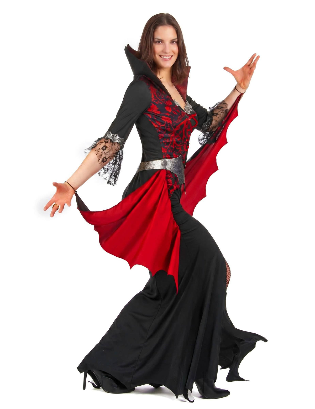 Barock-Vampirin Damenkostüm für Halloween schwarz-rot-silber