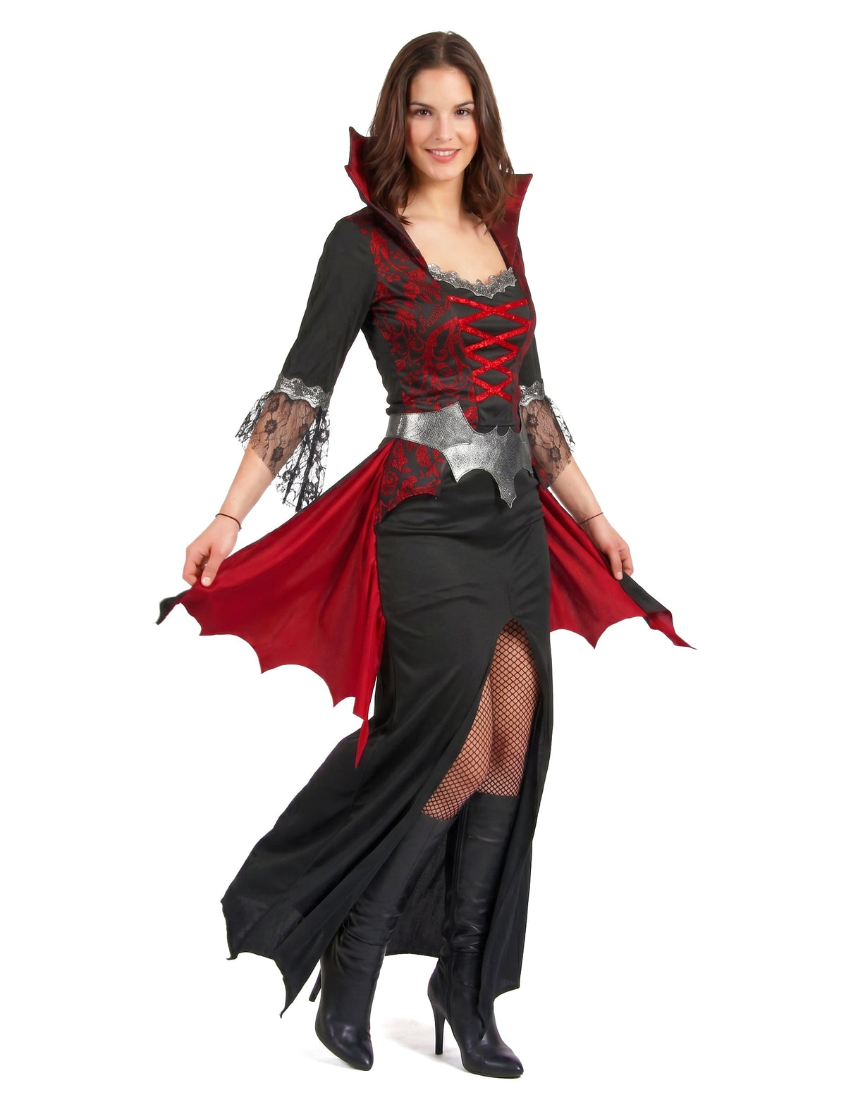 Barock-Vampirin Damenkostüm für Halloween schwarz-rot-silber