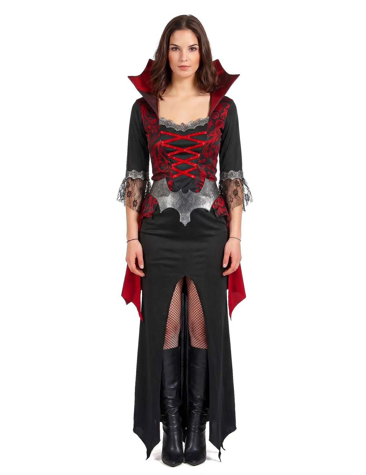Barock-Vampirin Damenkostüm für Halloween schwarz-rot-silber