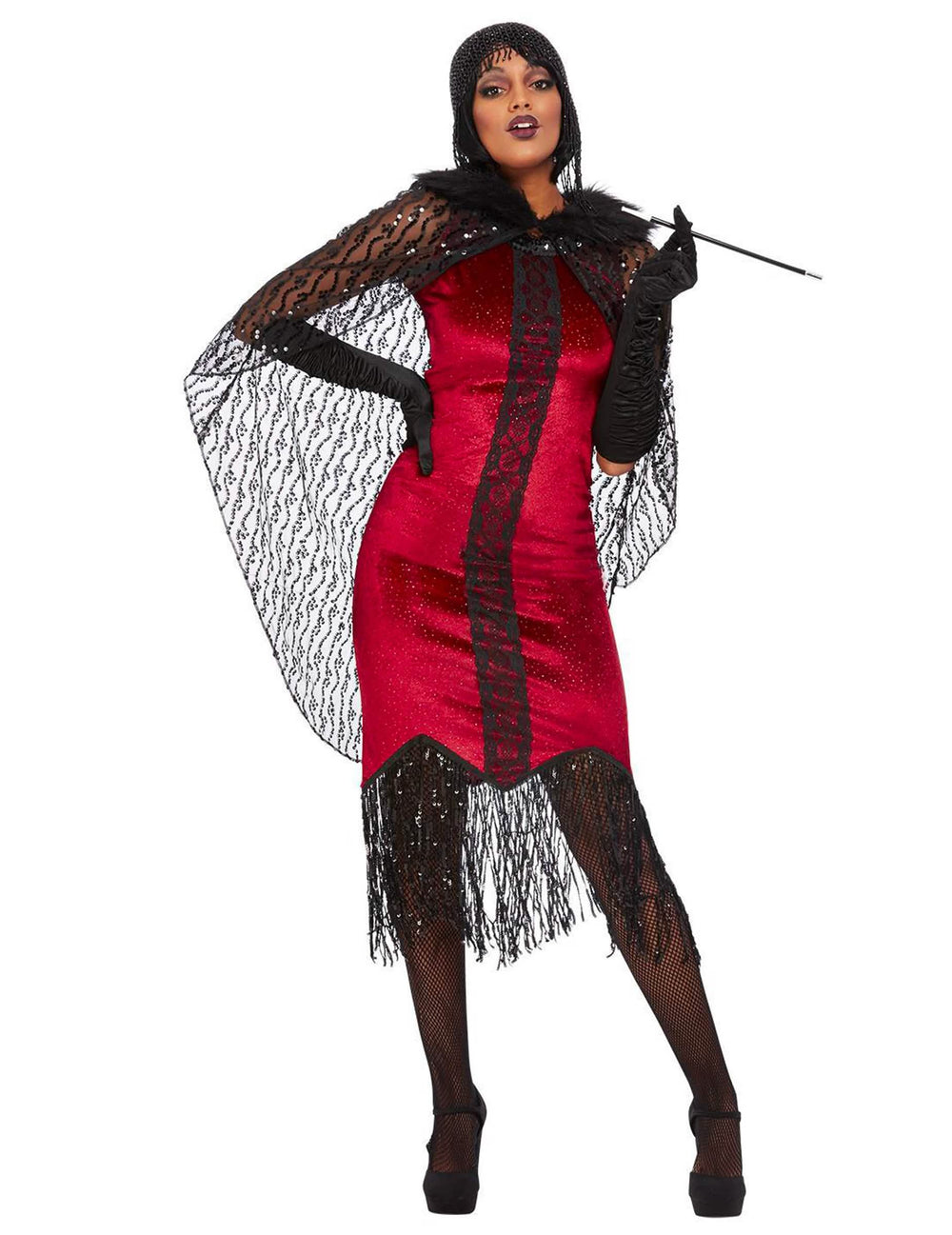 Vampir-Burlesque-Kostüm für Damen in Rot und Schwarz mit Spitzencape und Fransen