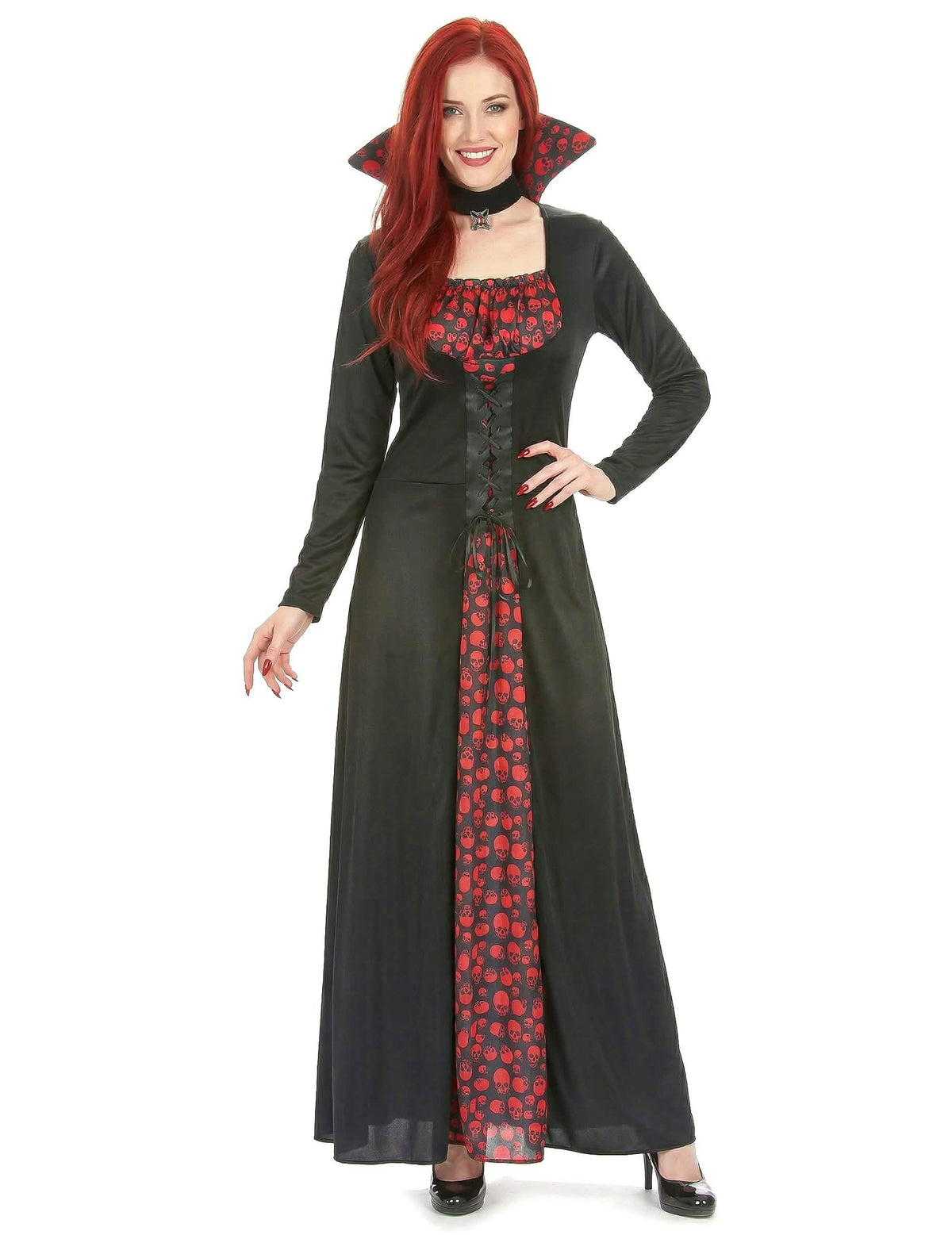 Déguisement de vampire élégant pour femme noir et rouge à motifs de têtes de mort
