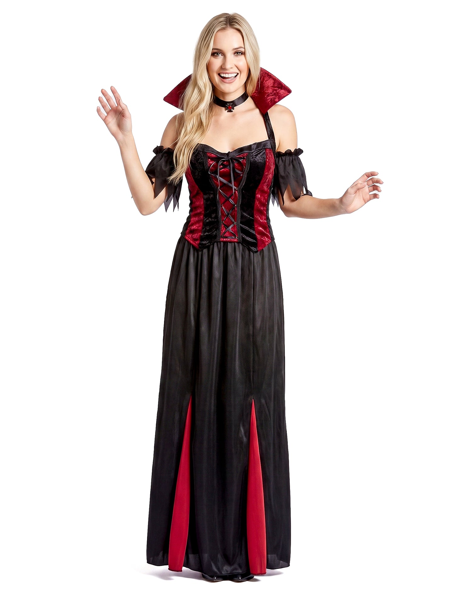 Bodenlanges Vampir-Kostüm Halloween für Damen schwarz-rot