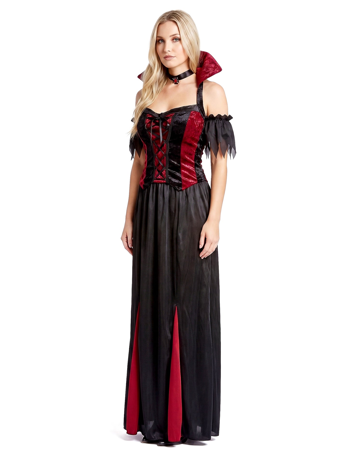 Bodenlanges Vampir-Kostüm Halloween für Damen schwarz-rot
