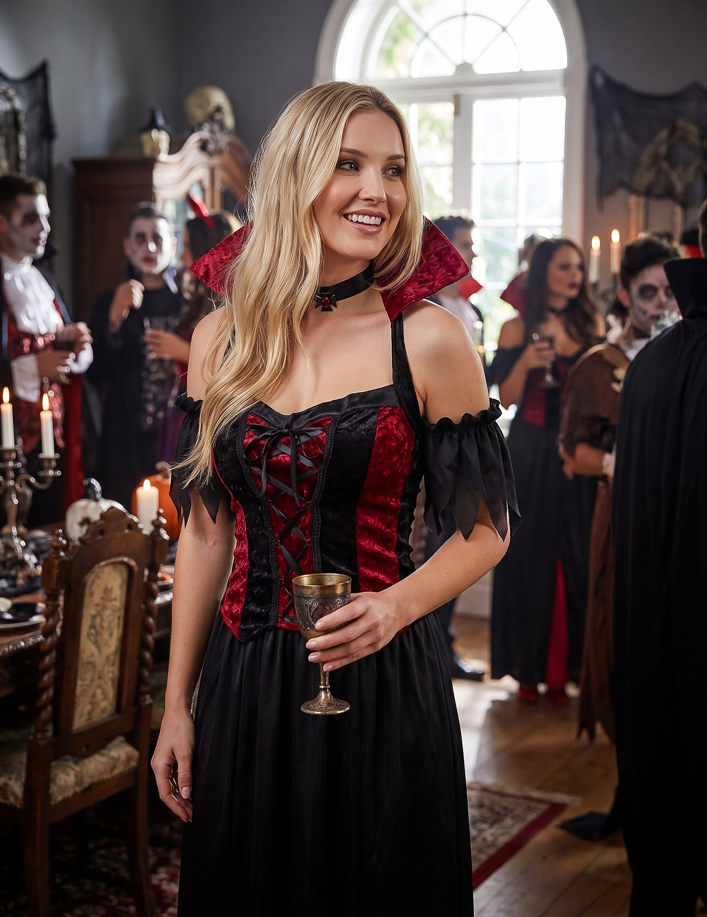 Bodenlanges Vampir-Kostüm Halloween für Damen schwarz-rot