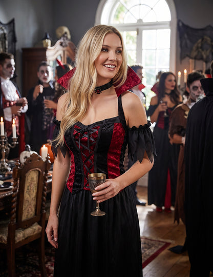 Bodenlanges Vampir-Kostüm Halloween für Damen schwarz-rot
