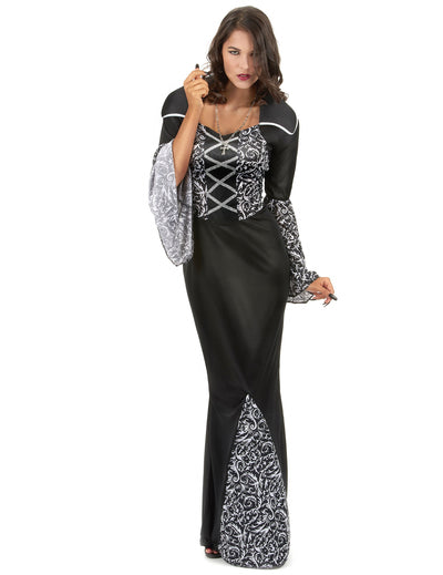 Vampirkostüm für Frauen in Schwarz mit silbernen Barockmustern