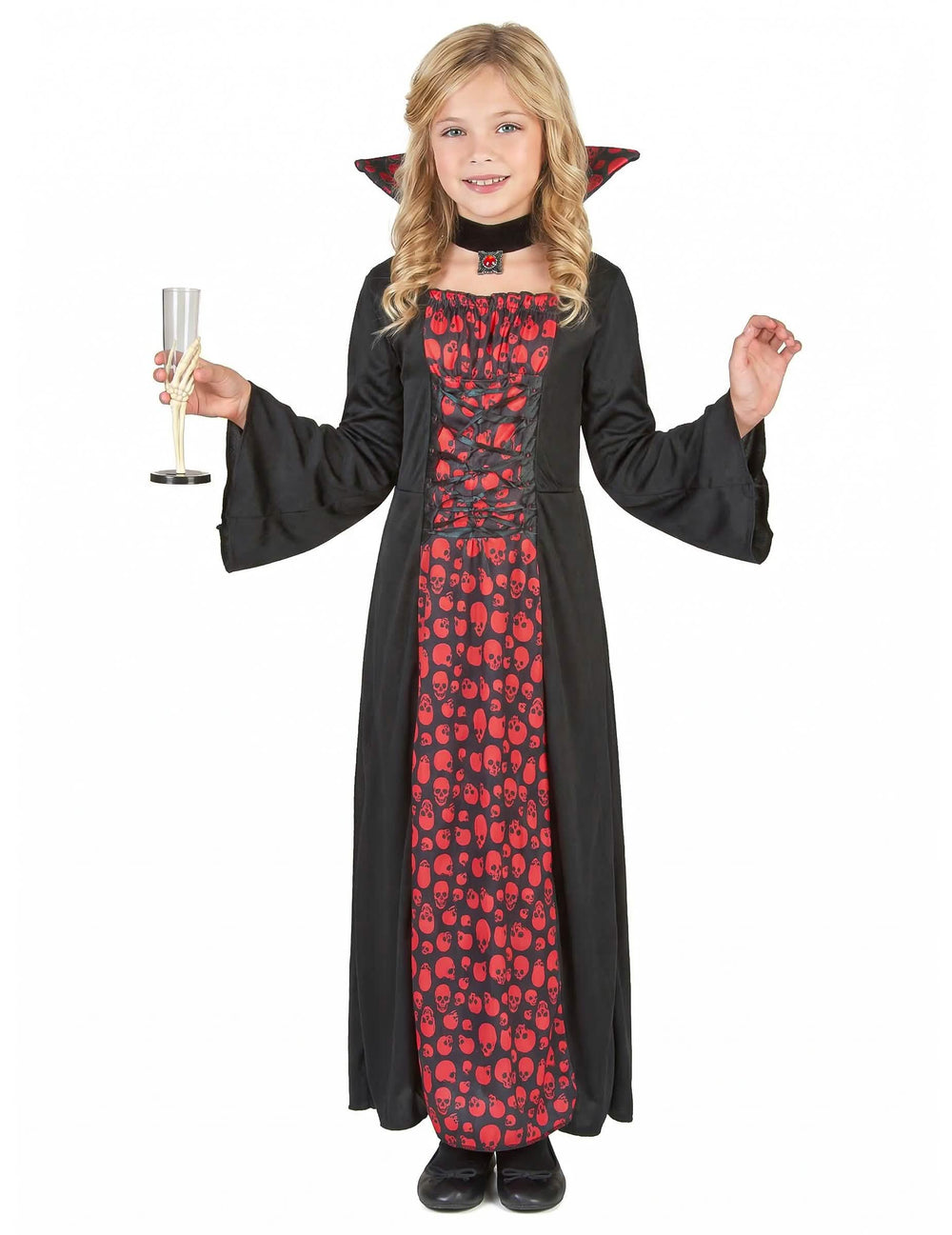 Déguisement de vampire pour fille noir et rouge à motifs têtes de mort avec collerette