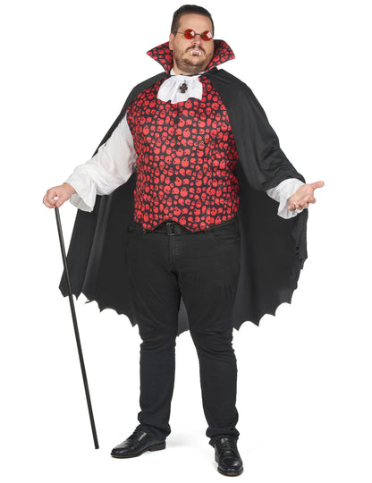 Vue de face avec canne et lunettes du déguisement de vampire pour homme