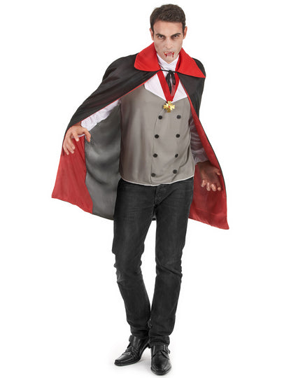 Déguisement de vampire pour homme gris avec cape noire et rouge