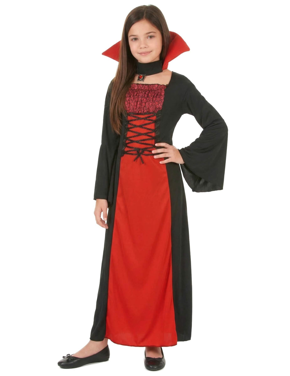 Déguisement de vampire long pour fille noir et rouge avec col montant