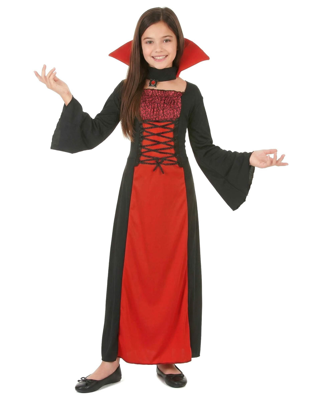 Vue de face du déguisement de vampire long pour fille