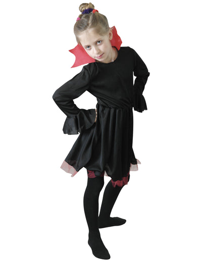 Vampirinnen-Kostüm für Mädchen, schwarz mit rotem Kragen