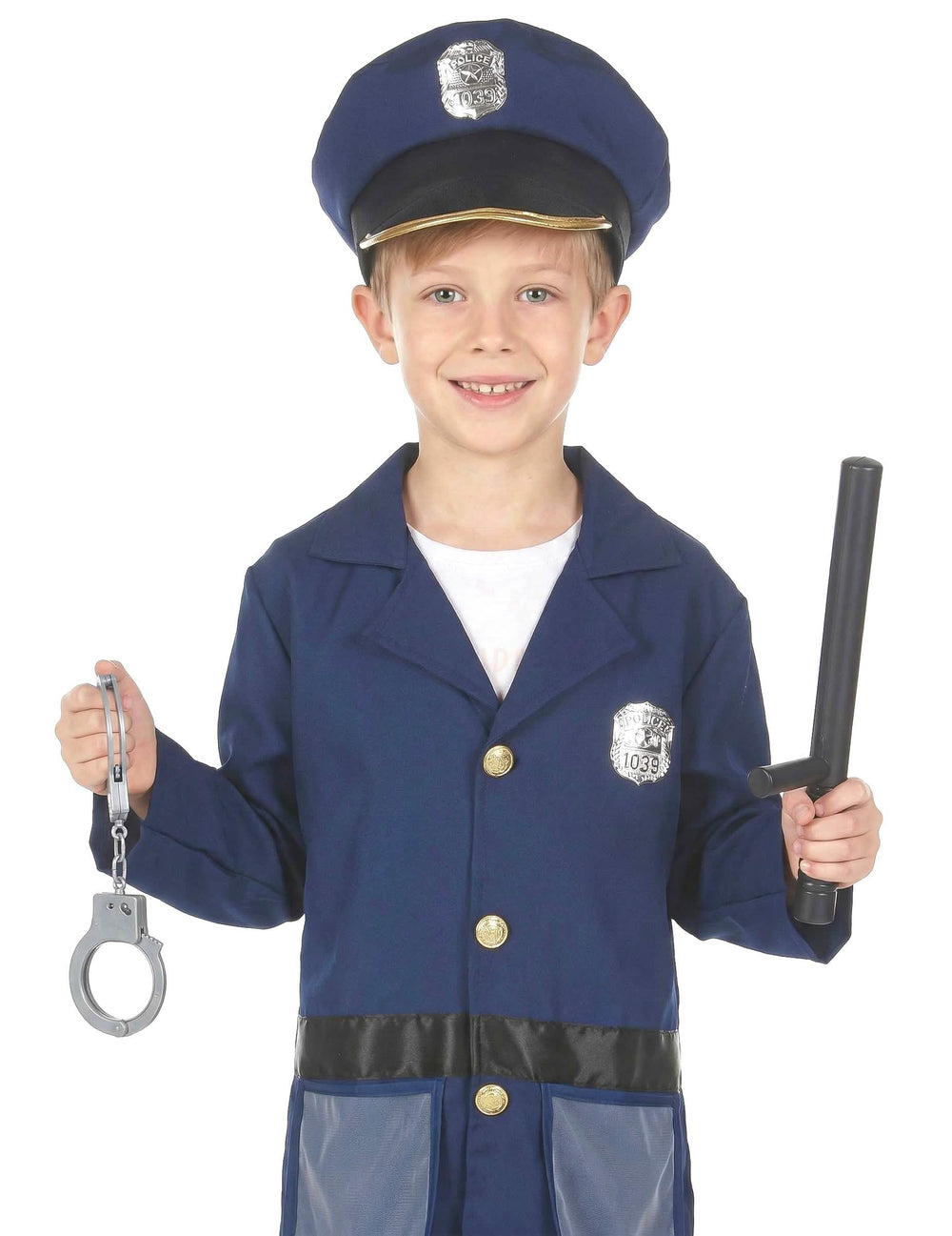 Detail des Schlagstocks und der Handschellen des Kostüms mit accessoires policier