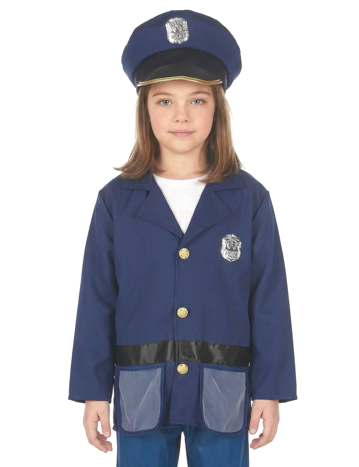 Nahaufnahme der Jacke und der Mütze des Verkleidungskostüms mit accessoires Polizist für Kinder