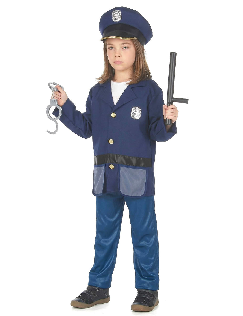 Vorderansicht des Polizeikostüms mit accessoires für Kinder