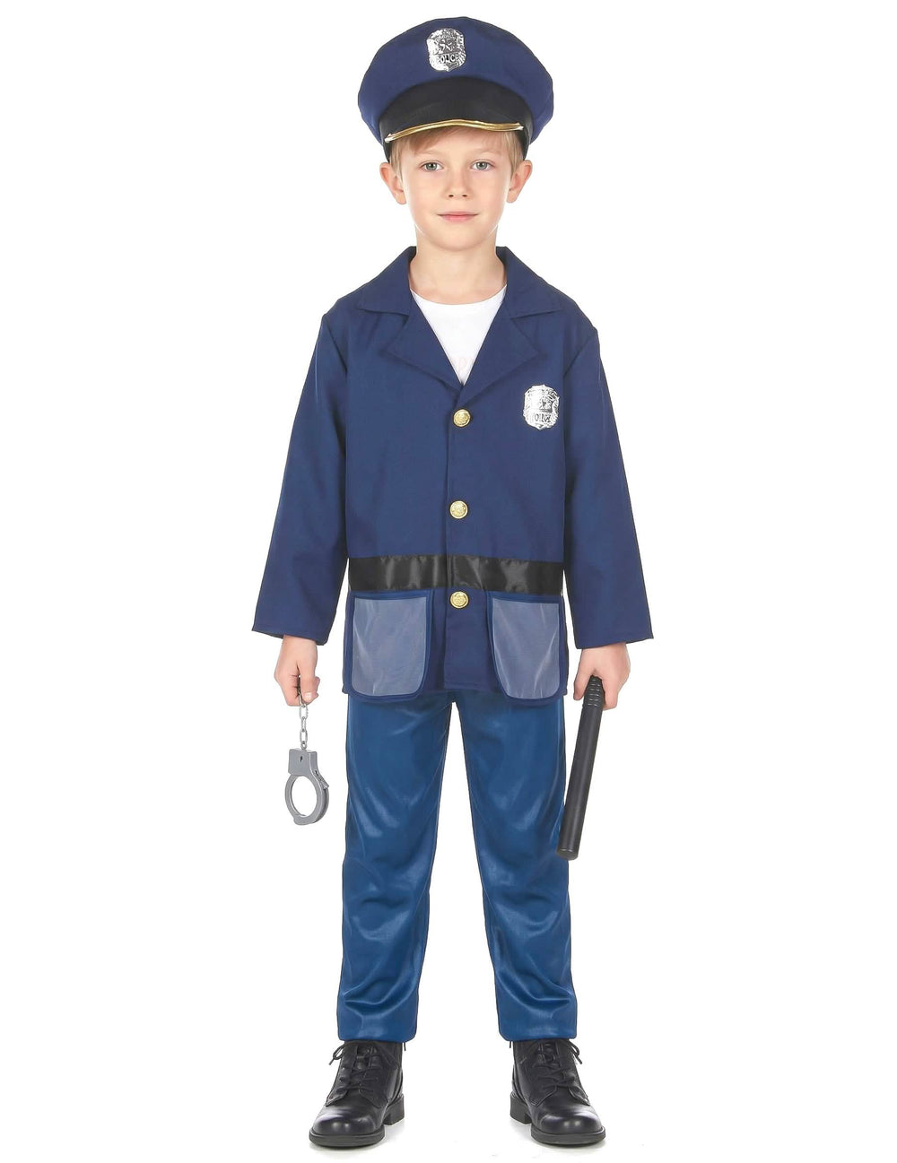 Ganzkörperansicht des Polizeikostüms mit accessoires für Kinder