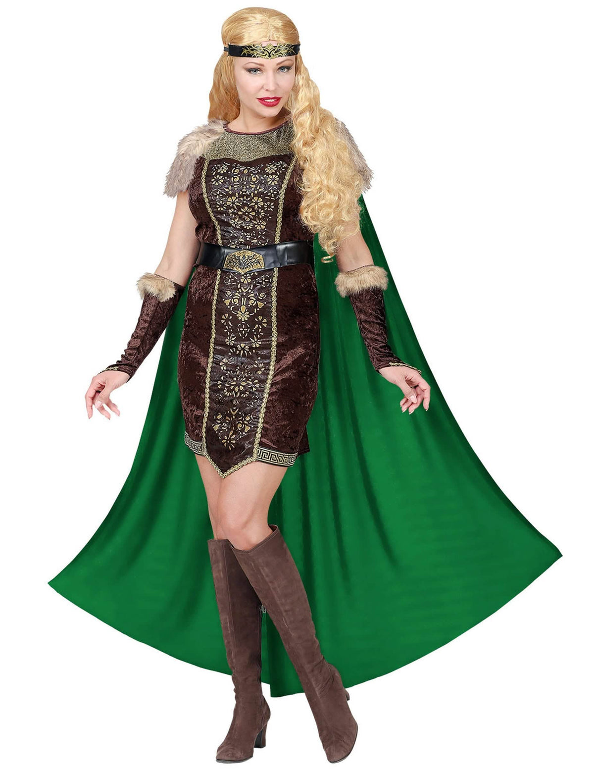 Frontansicht des Wikinger-Festoutfits mit Fell und Umhang für Damen