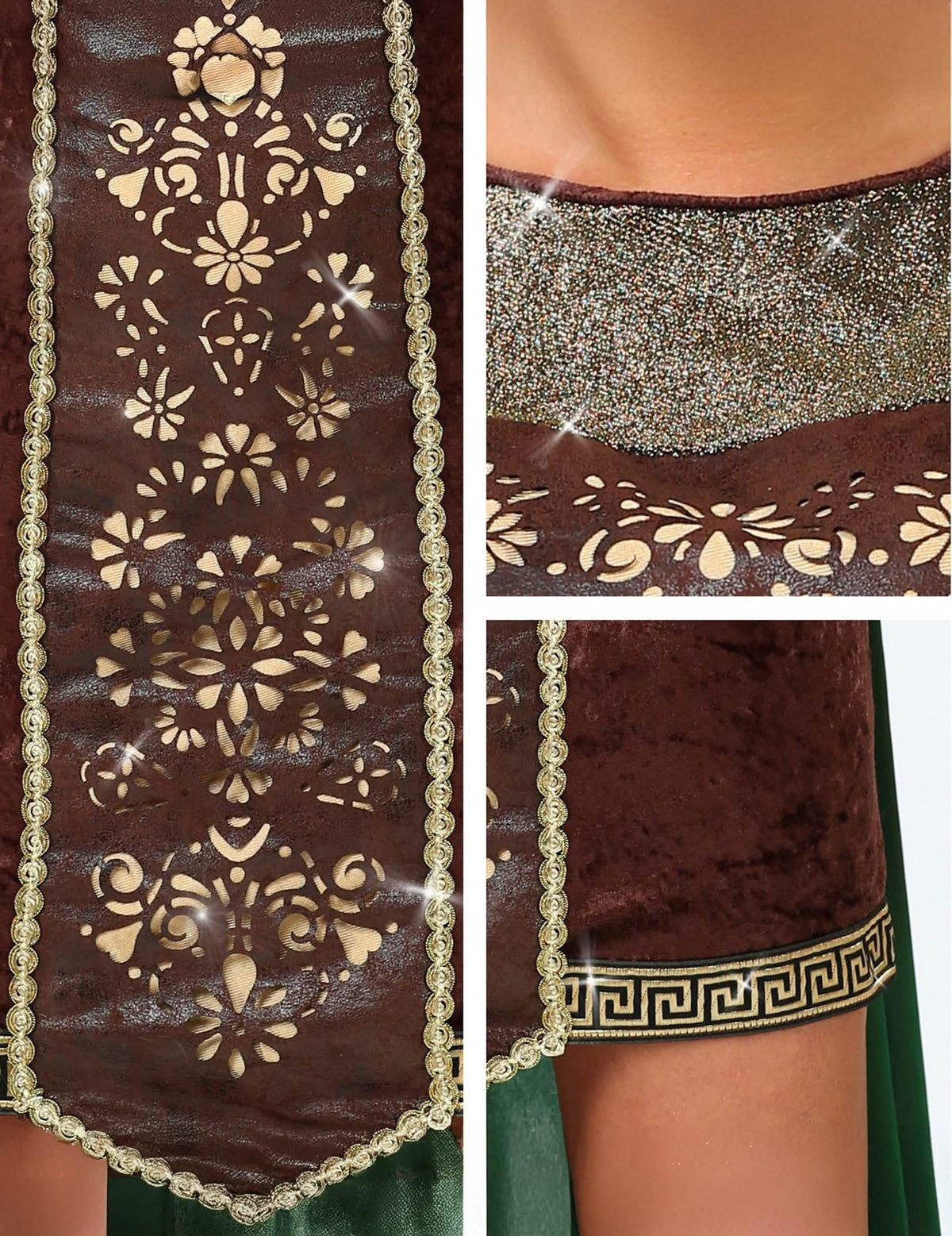 Details der Muster und goldenen Bordüren des Wikinger-Fellkostüms mit Umhang für Damen