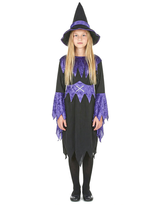 Déguisement de sorcière pour fille violet et noir avec chapeau pointu