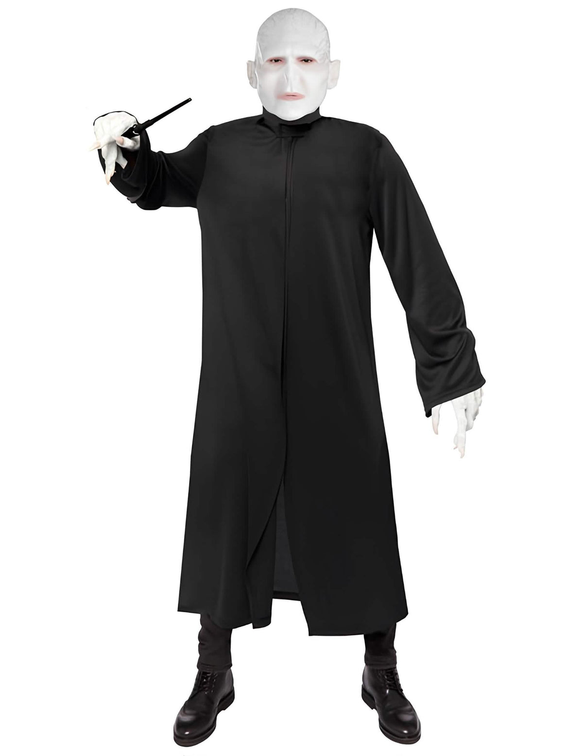 Vue de face avec baguette magique du déguisement Voldemort Harry Potter