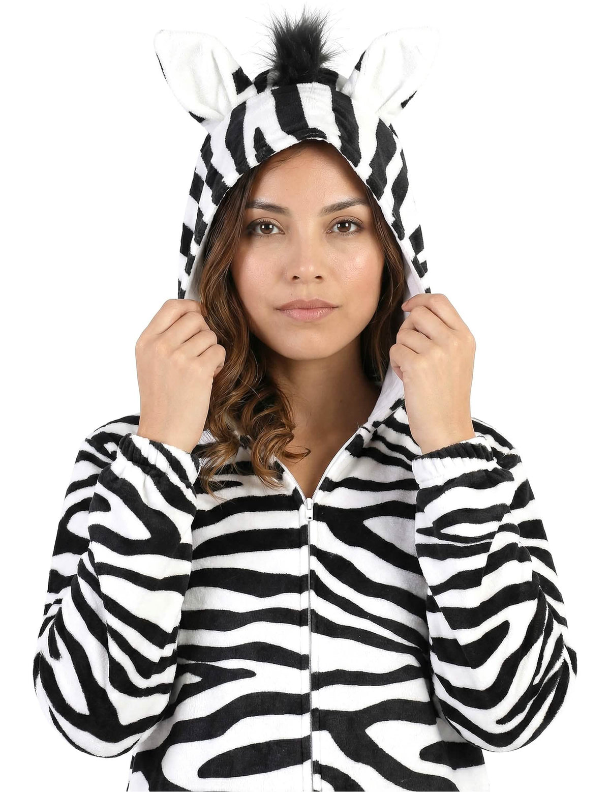 Nahaufnahme der Kapuze mit Ohren und Mähne des Zebra-Kostüms für Damen