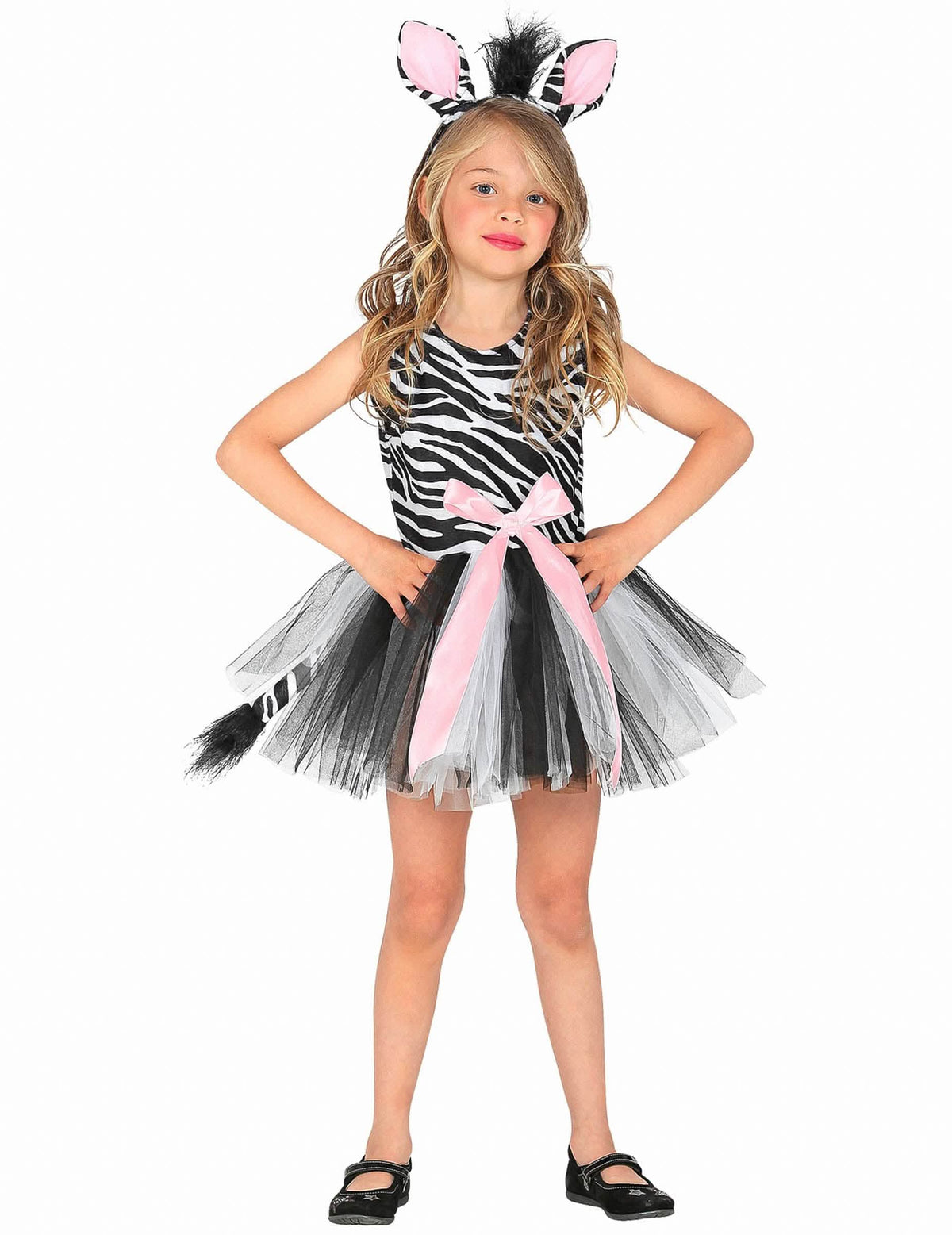 Déguisement zèbre tutu pour fille noir et blanc avec nœud rose et serre-tête