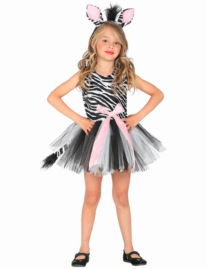 Déguisement zèbre tutu pour fille noir et blanc avec nœud rose et serre-tête
