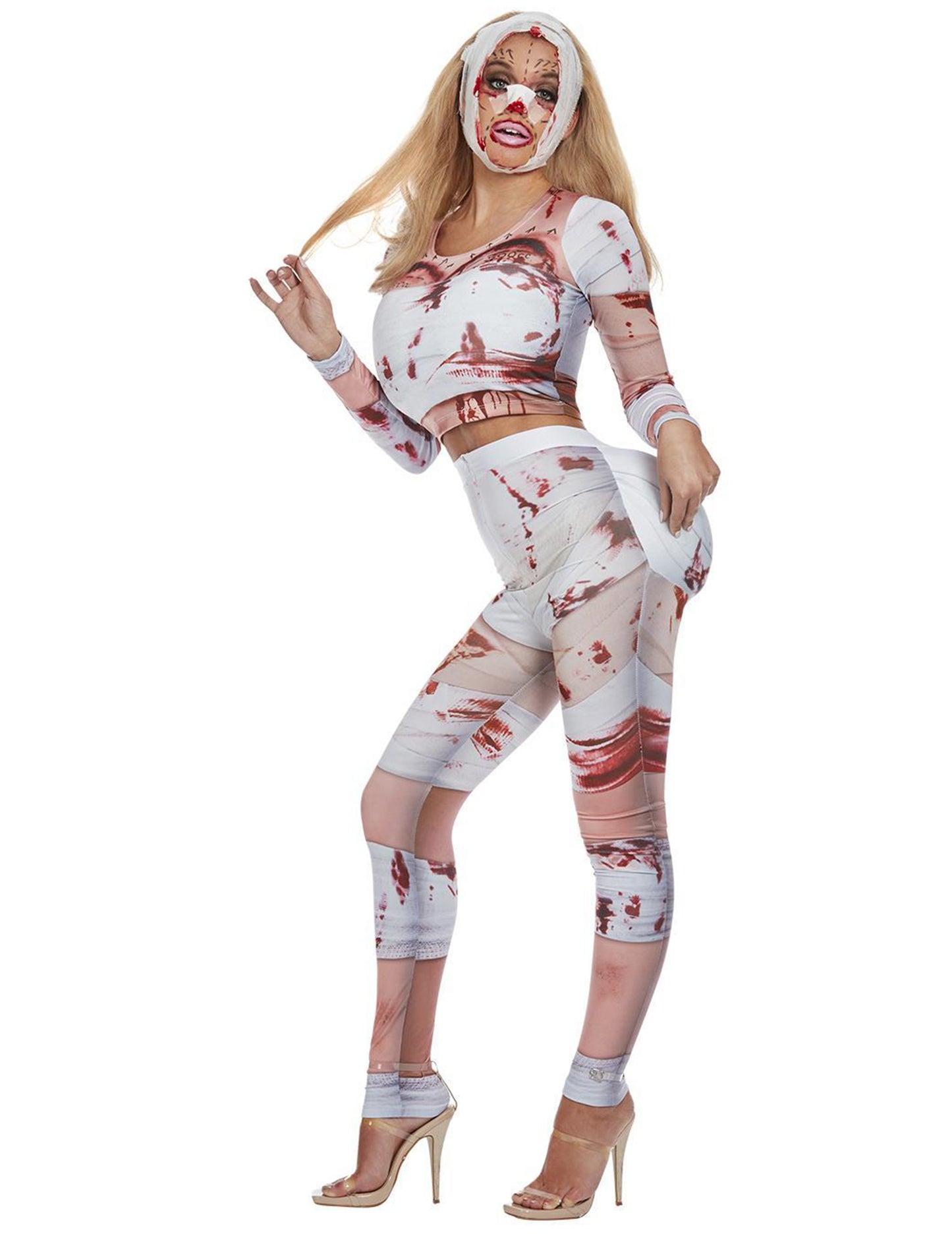 Déguisement de zombie chirurgie esthétique pour femme blanc et ensanglanté
