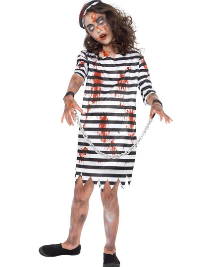 Déguisement de prisonnière enchaînée zombie pour fille noir et blanc ensanglanté