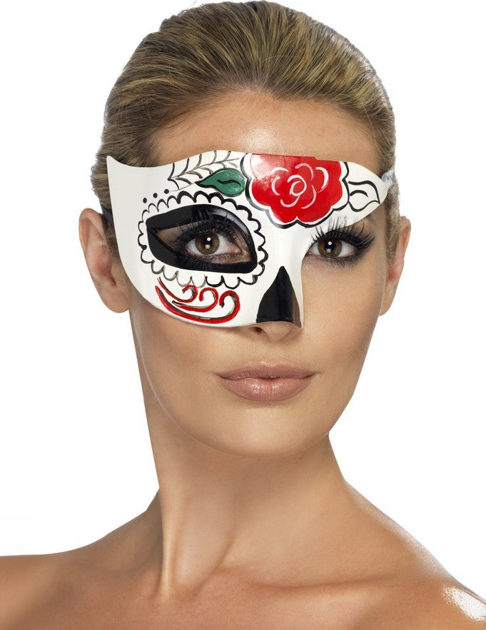 Demi masque Halloween pour adulte blanc avec motifs fleurs rouges et noirs