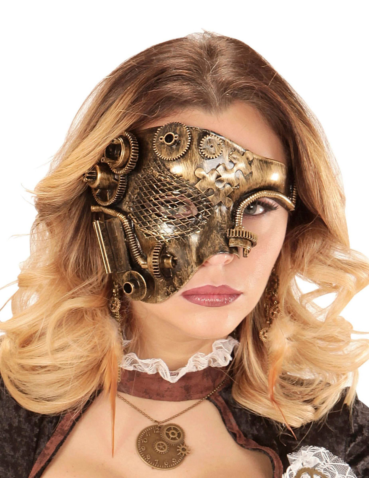 Halbe Steampunk-Maske für Erwachsene Gold mit Zahnrädern