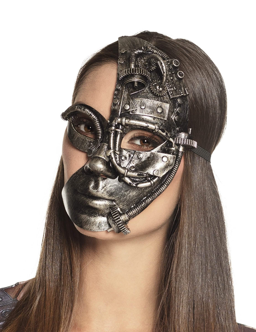 Großaufnahme der Steampunk-Halbmaske-Roboter, getragen mit einer Schweigegeste