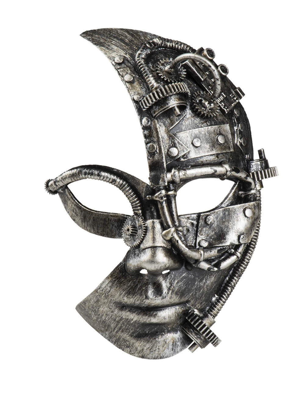 Frontansicht mit den Händen an den Schläfen der halben Steampunk-Roboter-Maske