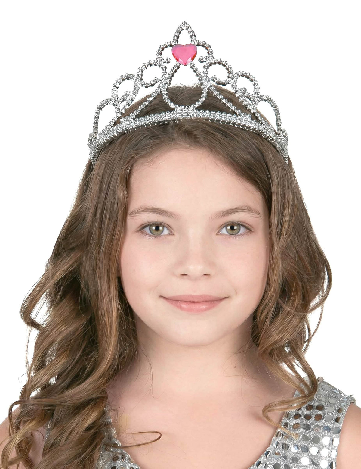 Diadème princesse cœur pour adulte et enfant argenté avec pierre rose