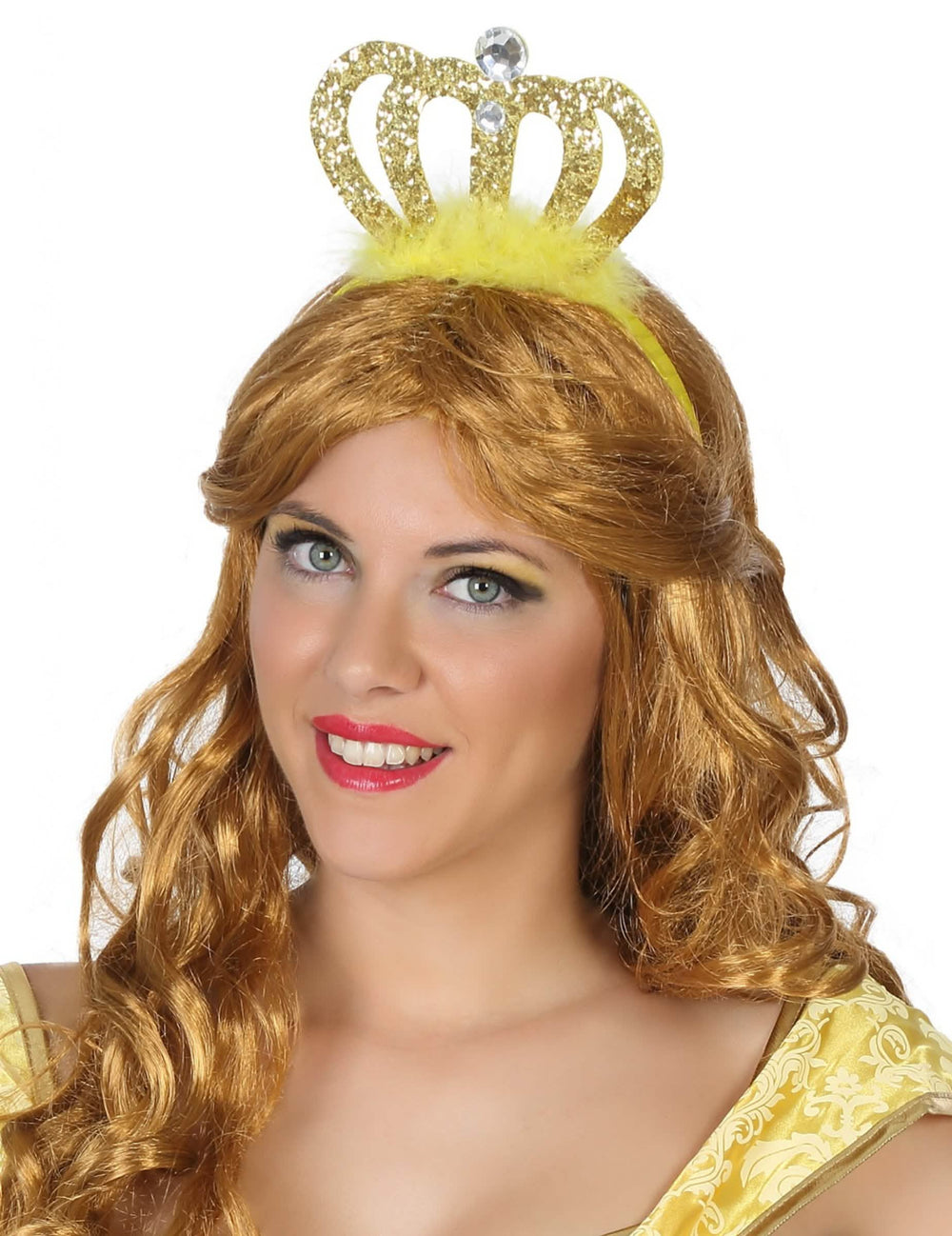 Prinzessinnen-Diadem für Erwachsene, Gold mit Pailletten und gelben Federn