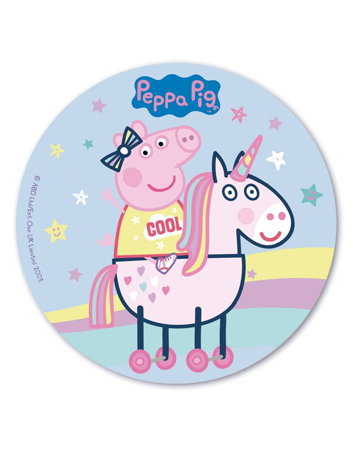 Disque azyme Peppa Pig pour enfant bleu avec Peppa sur une licorne et arc-en-ciel