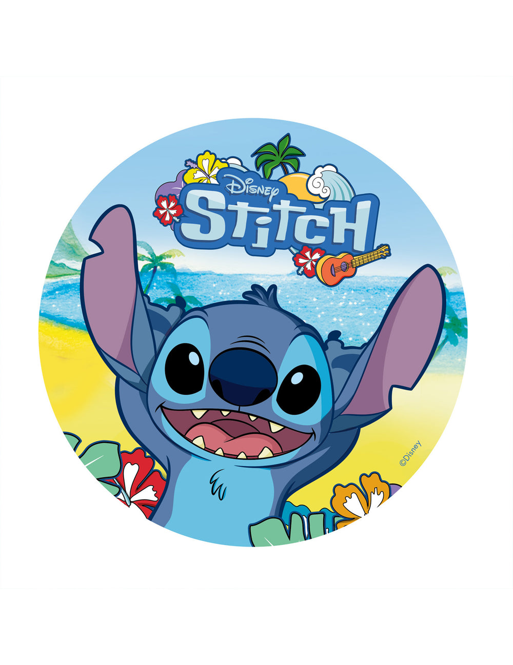 Disque azyme Stitch pour enfant bleu avec décor de plage tropicale