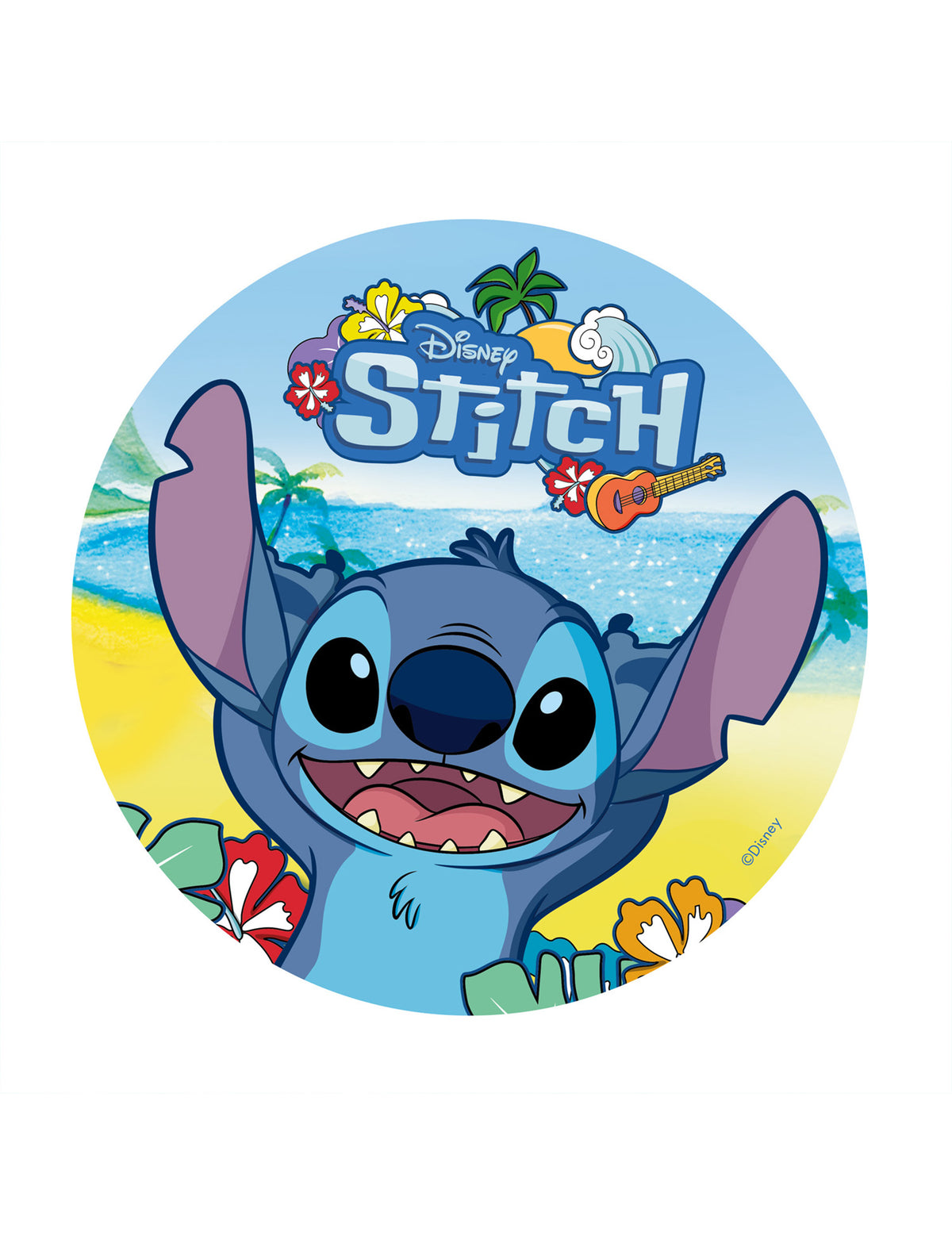 Disque azyme Stitch pour enfant bleu avec décor de plage tropicale