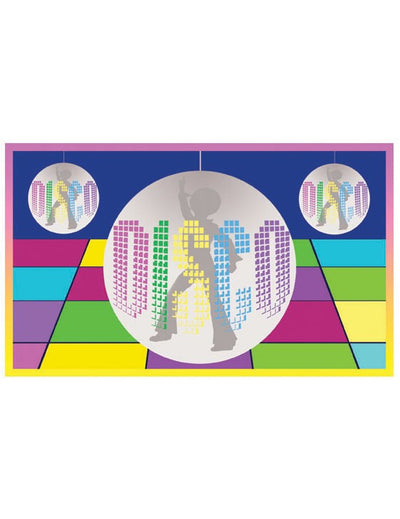 Drapeau disco pour fête multicolore avec boules à facettes et silhouettes de danseurs