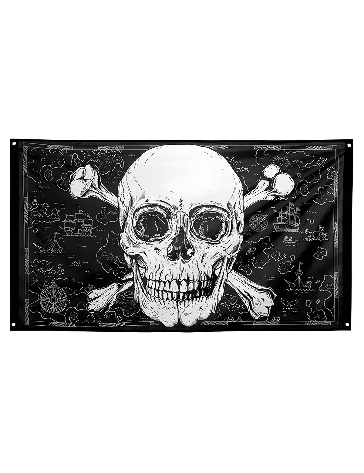 Drapeau Pirate Jolly Roger pour décoration noir et blanc avec motif carte au trésor