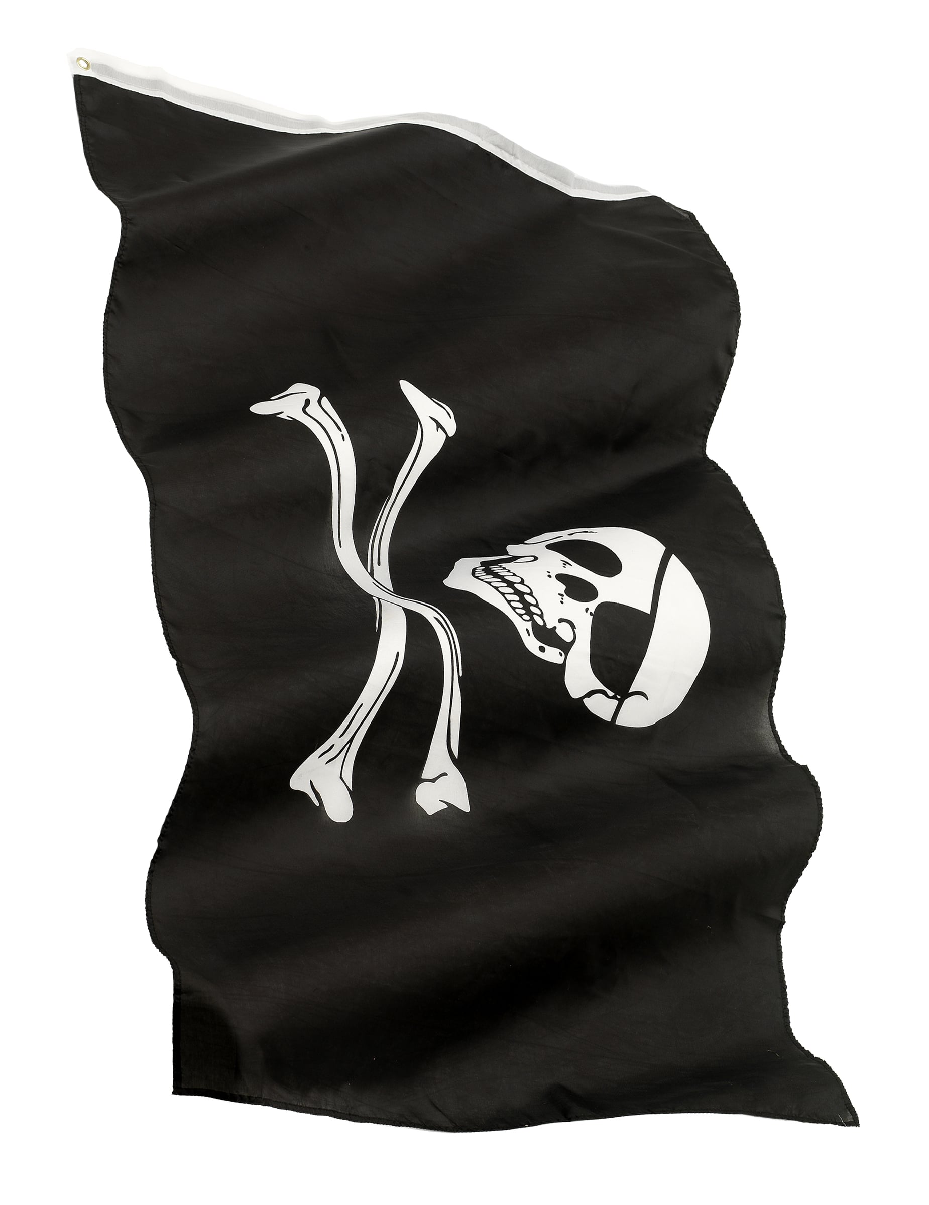 Drapeau pirate noir avec tête de mort de profil et os blancs
