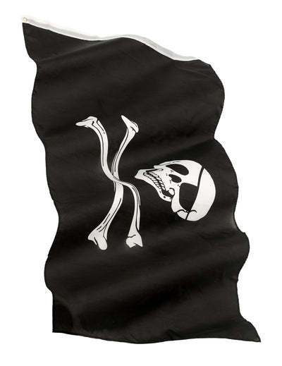Drapeau pirate noir avec tête de mort de profil et os blancs