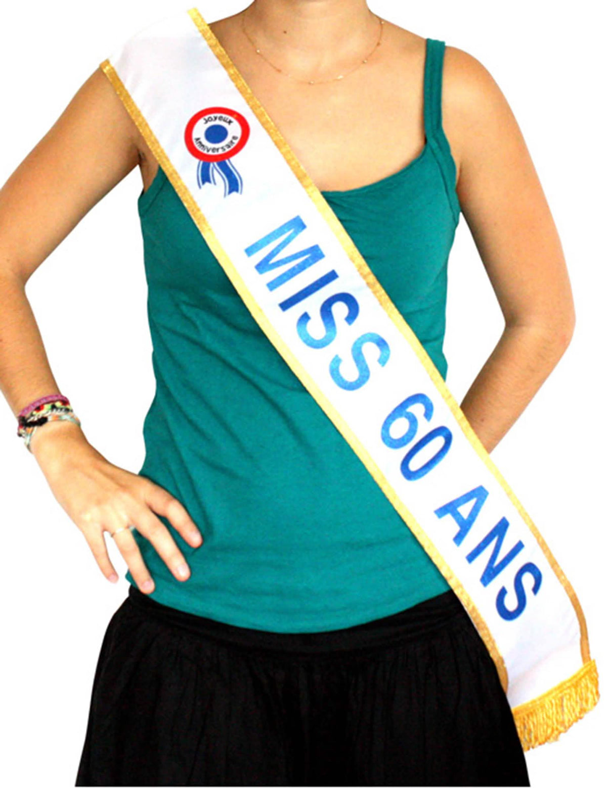Echarpe Miss 60 ans pour femme blanche avec bordure dorée