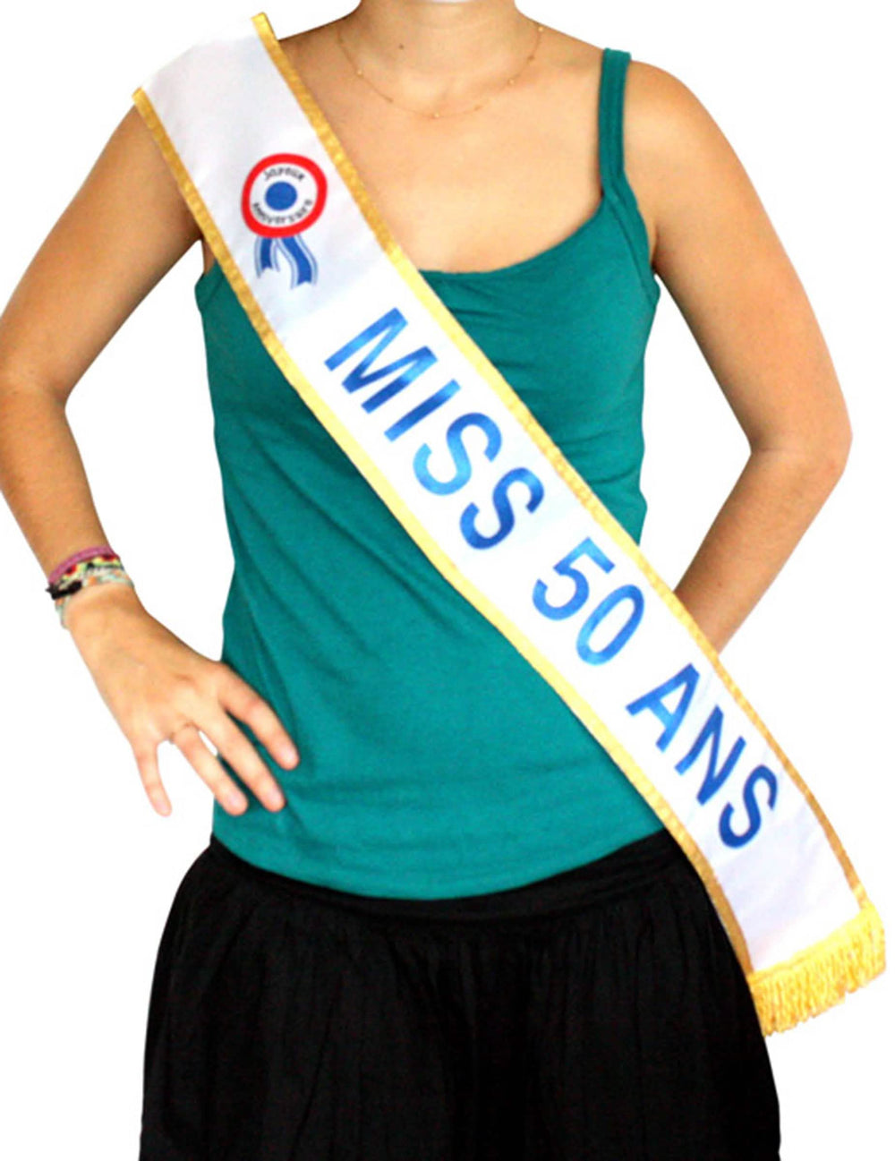 Schärpe Miss 50. Geburtstag für Damen weiß mit Goldborte und Blauem Schriftzug