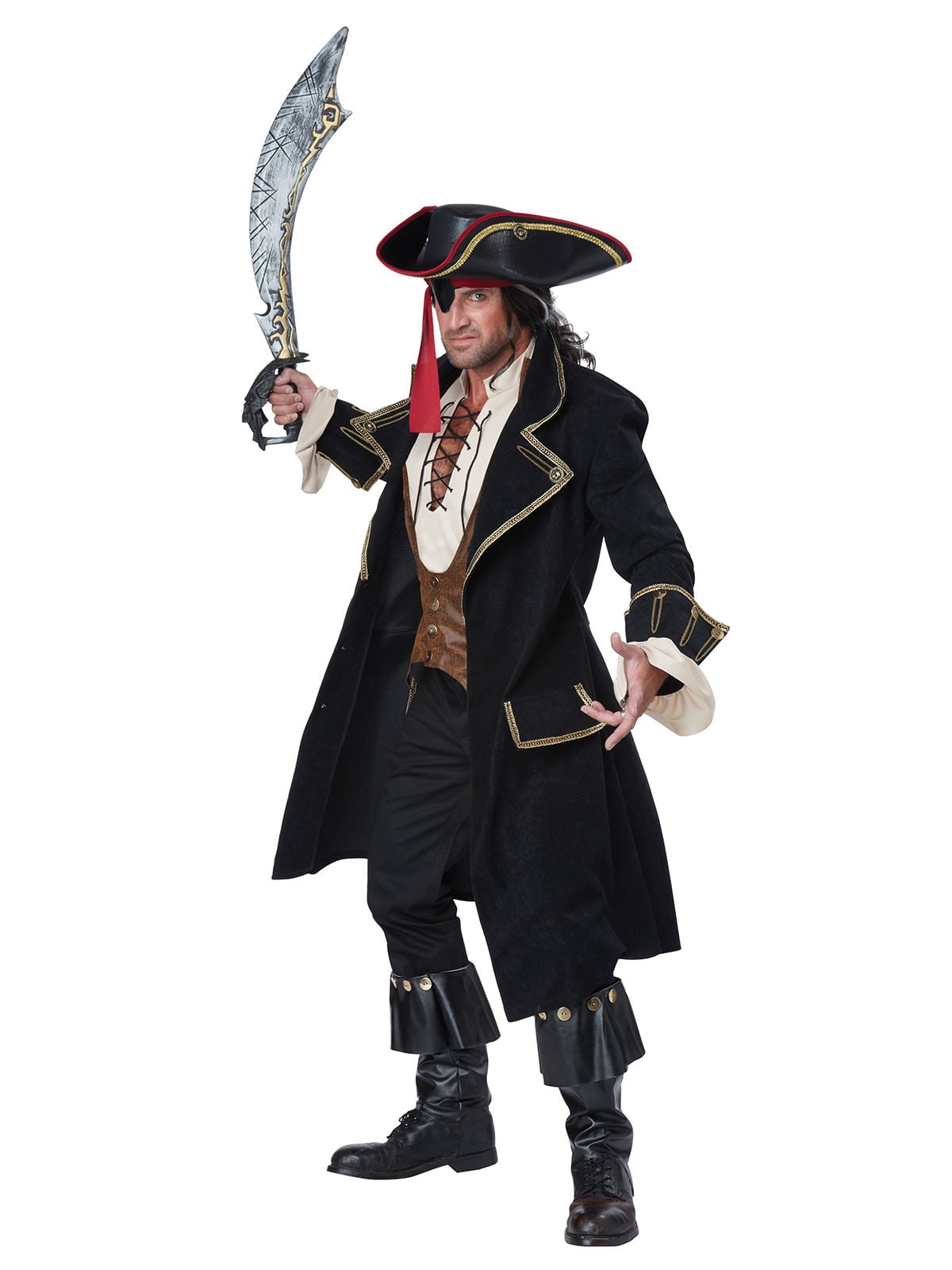 Déguisement de pirate Deluxe pour homme noir avec manteau long et chapeau tricorne