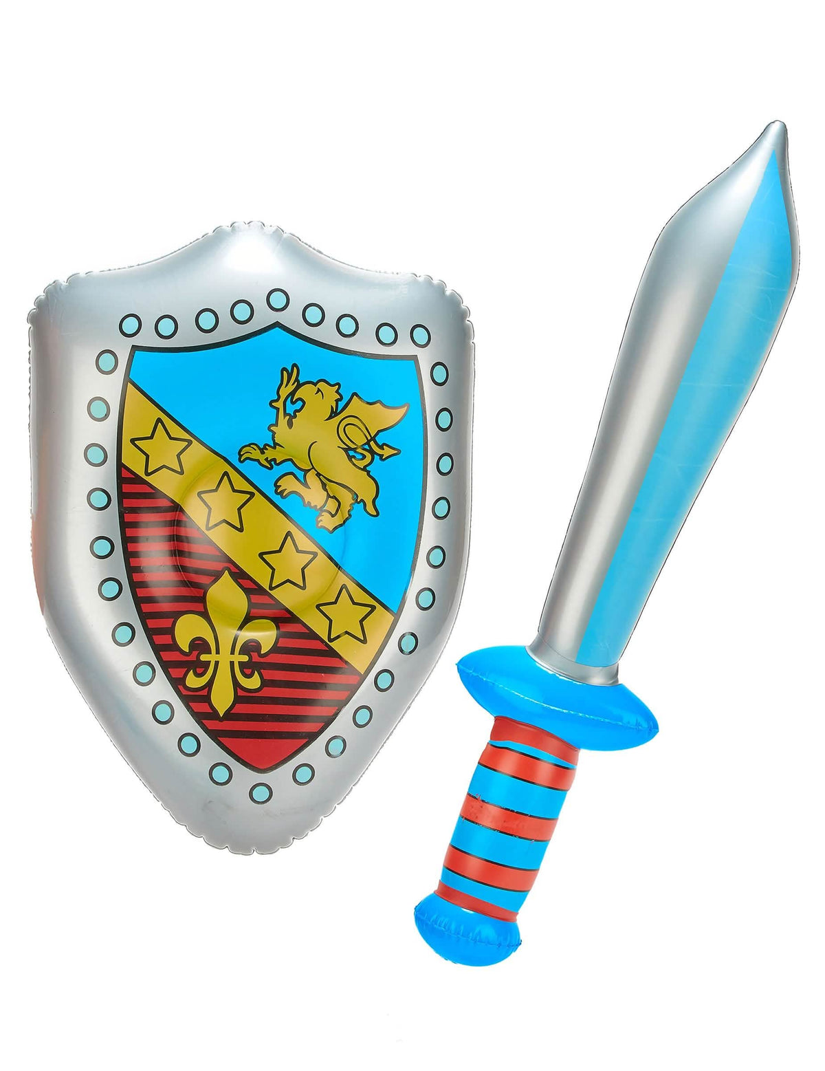 Aufblasbares Schwert und Schild für Kinder Blau und Rot mit Wappen