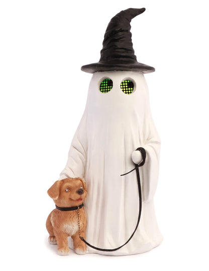 Halloween Deko-Gespenst Summerween aus Harz mit LED-Augen und Hund 45,5cm