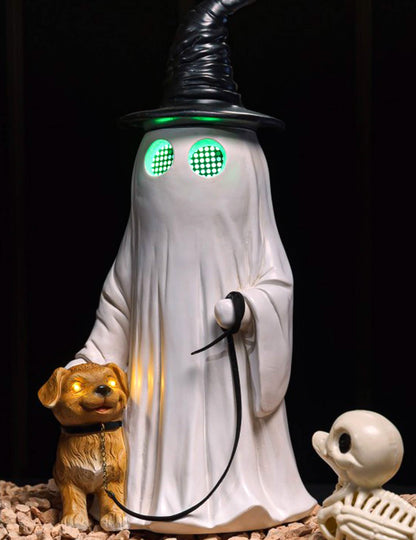 Halloween Deko-Gespenst Summerween aus Harz mit LED-Augen und Hund 45,5cm