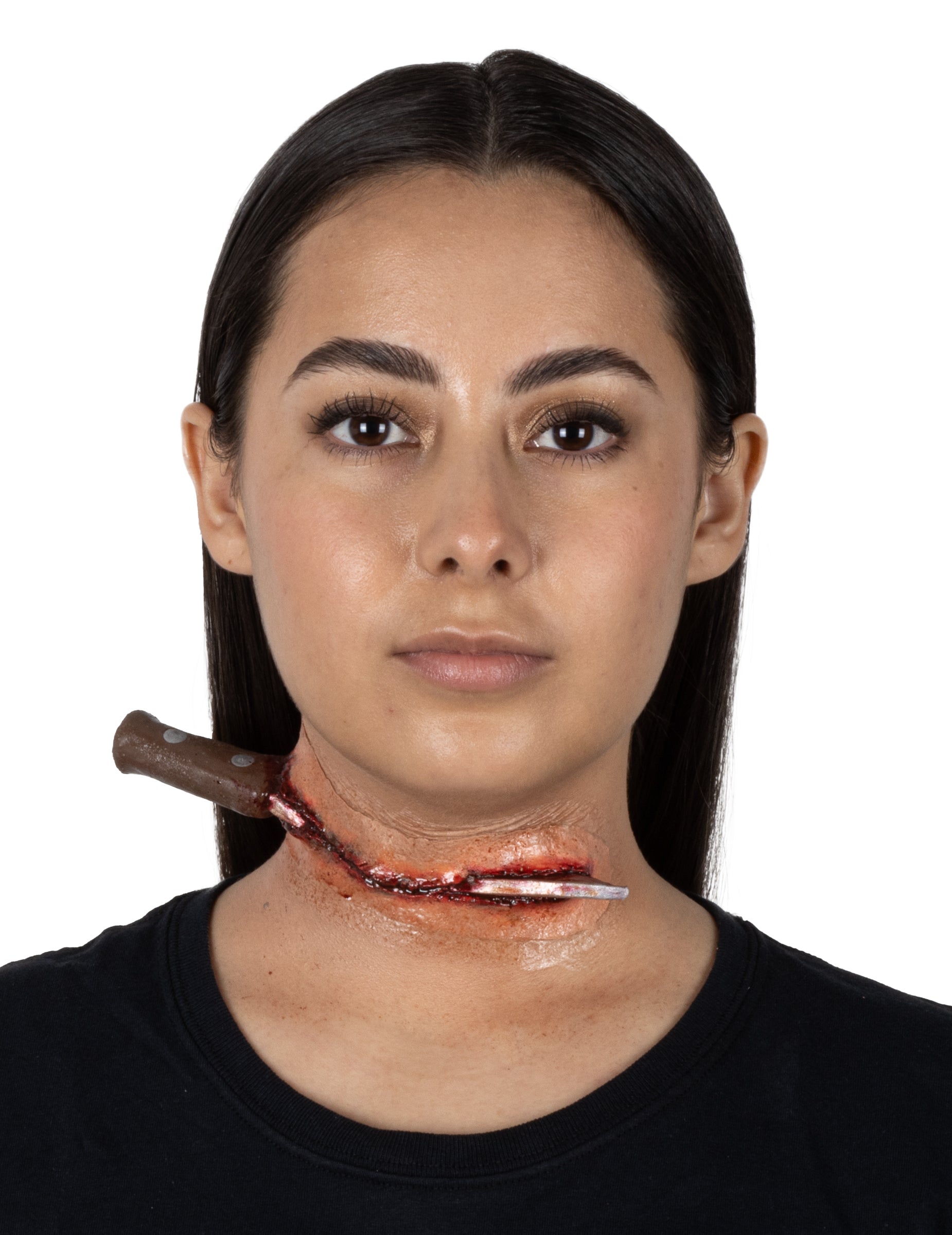 Fausse plaie couteau dans le cou pour adulte ensanglantée et réaliste